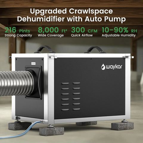 Heavy-Duty 216 Pint Crawl Space Dehumidifier With Built-In Pump And Remote Control For Whole House And Basement, 8000 Sq Ft Coverage, showing duct hose and controls.
