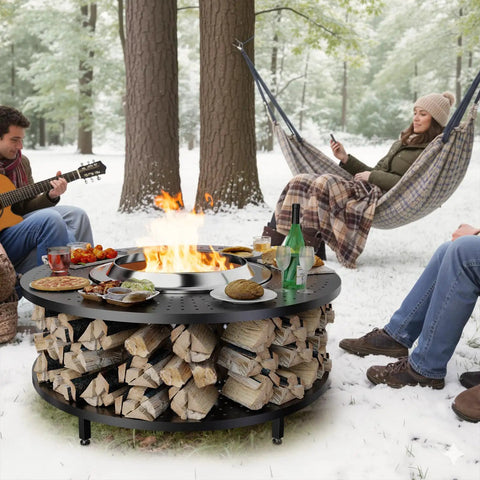 41 Inch Fire Pit Surround Tabletop with wood storage and steel surround in snowy forest, fits Bonfire 1.0 2.0 and Ranger 1.0 2.0