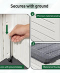 65 Cu Ft Outdoor Storage Shed With Lockable Doors, showing ground staking, resin material, and weatherproof roof details