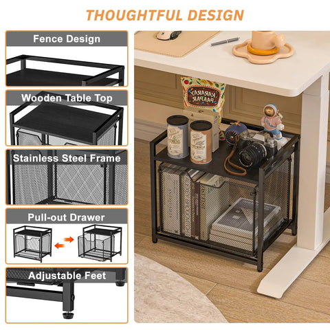 Under Desk Storage Organizer With Drawer Rolling File Cabinet Adjustable Tabletop beside desk, items on top and shelves visible