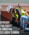 Worker wearing Razorback Elite Safety Harness With Lightweight Build, Sewn In Belt, Sternal D-Rings And Quick Connect Buckles, OSHA/ANSI compliant, kneeling on roof for fall protection on construction site.