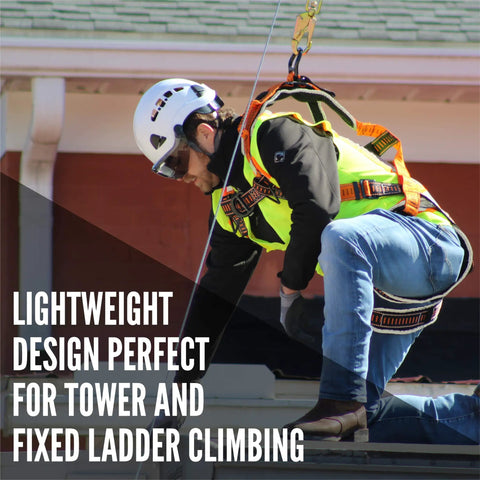 Worker wearing Razorback Elite Safety Harness With Lightweight Build, Sewn In Belt, Sternal D-Rings And Quick Connect Buckles, OSHA/ANSI compliant, kneeling on roof for fall protection on construction site.