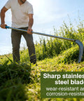 Man using Adjustable Fifty Inch Long Handle Scythe With Heavy Duty Three Section Detachable Weed Cutter And A 12.6 Inch Stainless Steel Blade.