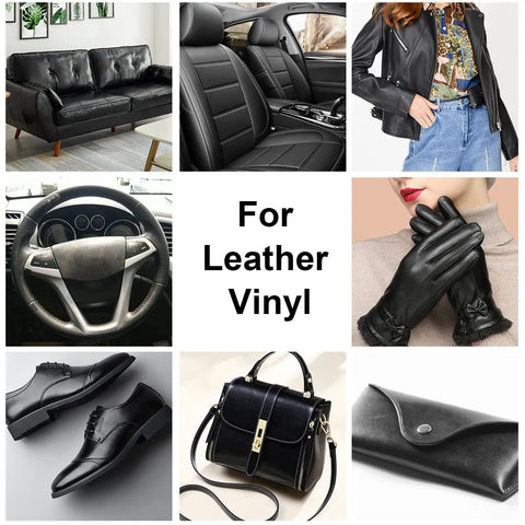 Collage featuring leather sofa, car seats, clothing, gloves, shoes, bag, and wallet highlighting use of Leather Recoloring Balm And Restorer Kit For Sofa Car Seats Vinyl Furniture And Shoes That Delivers Dope Color Revival Revives Faded And Scratched Leather Restores Texture Repairs Cracks Extends Life With Easy Diy Application.