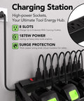 Power Tool Wall Mount Organizer With Charging Station And 8 Outlet Strip Heavy Duty Garage Drill Rack For Battery Charging Keeps DeWalt And Milwaukee Gear Charged And Ready Easy Access Neat Setup Must Have All In One Station, showing 8-outlet strip with connected cables.