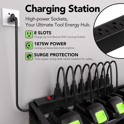 Power Tool Wall Mount Organizer With Charging Station And 8 Outlet Strip Heavy Duty Garage Drill Rack For Battery Charging Keeps DeWalt And Milwaukee Gear Charged And Ready Easy Access Neat Setup Must Have All In One Station, showing 8-outlet strip with connected cables.