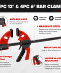 Detailed view of 10-Piece Bar Clamp Set With 12-Inch And 6-Inch Dual-Size Quick Release Ratcheting Wood Clamps, highlighting features like anti-slip pads, hardened steel, and fast-change button.