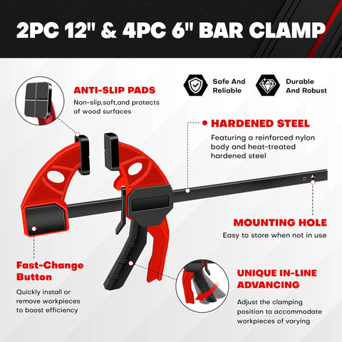 Detailed view of 10-Piece Bar Clamp Set With 12-Inch And 6-Inch Dual-Size Quick Release Ratcheting Wood Clamps, highlighting features like anti-slip pads, hardened steel, and fast-change button.