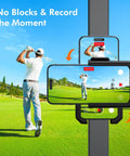 Magnetic Golf Cart Phone Holder Rotatable Mount for iPhone Galaxy, showing golfer swinging with phone recording on golf course.