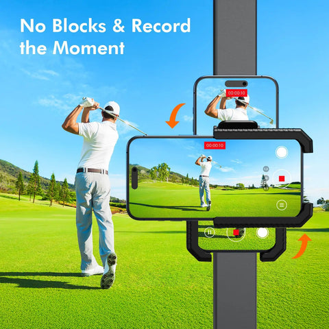 Magnetic Golf Cart Phone Holder Rotatable Mount for iPhone Galaxy, showing golfer swinging with phone recording on golf course.