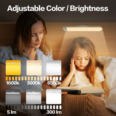 Mother and daughter reading under Versatile Wall Reading Light With 3 Color Modes And USB Rechargeable Battery Stick On LED Dimmable Touch Lamp For Bunk Beds And Headboards Ideal For Kids Desks And Nighttime Reading 1600K 3000K 6500K, showing adjustable brightness.