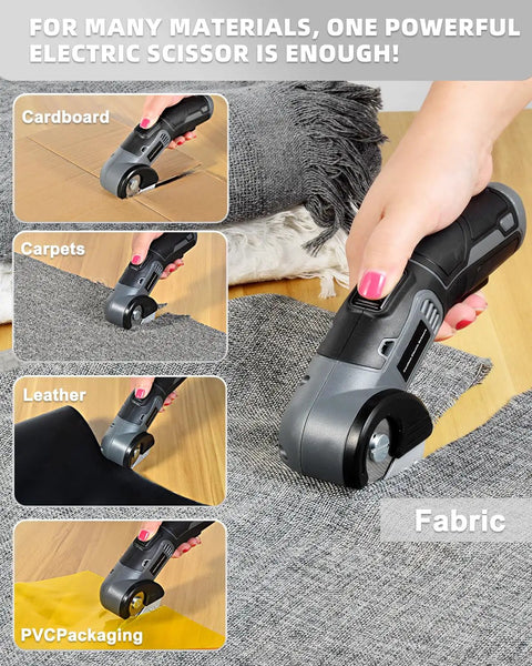 Lightweight Cordless Electric Scissors With Safety Lock For Easy Cutting Cardboard Fabric Leather Rope Plastic Carpet Perfect For Home DIY Craft Projects And General Household Tasks With Fast Usb Charging And Dual Blades Included For Efficient Workflow cutting through various materials like cardboard and fabric.
