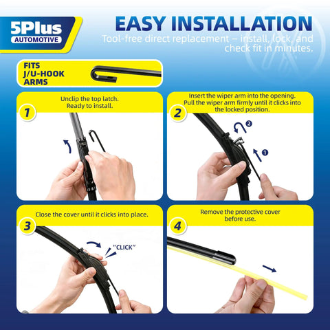 Easy installation guide for Deadly Smooth 22 Inch Windshield Wiper Blades 2 Pack showing J-hook arm attachment steps.