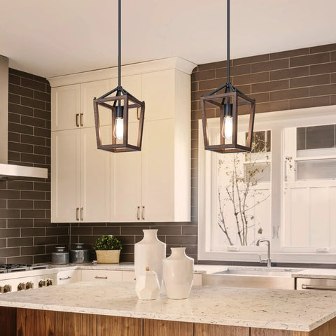 Kitchen with two Farmhouse Pendant Light For Kitchen Island One Light Rustic Wood Cage Fixture With Brown Finish