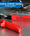 Close-up of Left Cut Offset Aviation Snips Pro Grade For Straight And Tight Left Cuts, red cushioned handle grip, USA made