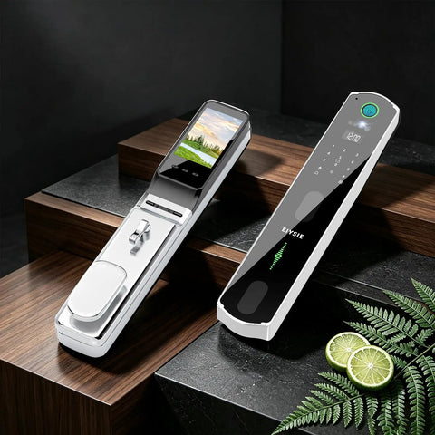 Wifi Video Doorbell Smart Lock Featuring Eight Keyless Methods Palm Vein Facial Recognition showcasing sleek design and touchscreen.