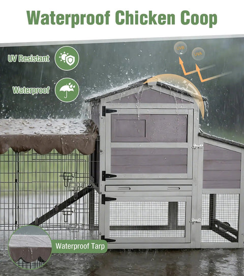Mobile Chicken Coop With Run Wheels And Waterproof Cover Removable Iron Tray Large Nesting Box Ventilated Sliding Window