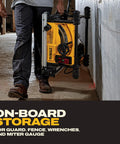 Built Like A Tank Portable Table Saw Equipped With Sturdy Rolling Cart And Premium Steel Blade delivering lightning fast cuts, being carried.