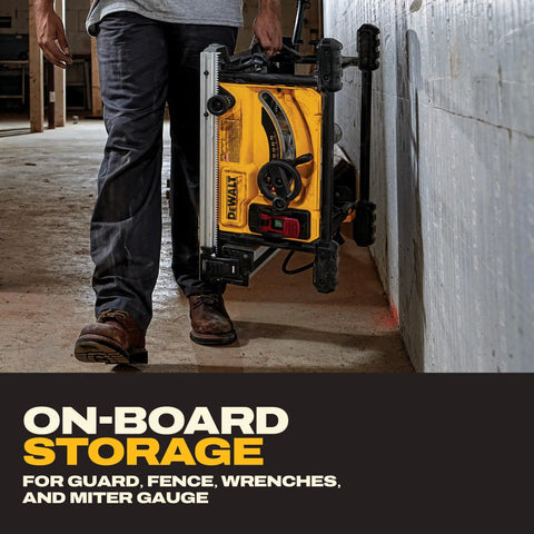 Built Like A Tank Portable Table Saw Equipped With Sturdy Rolling Cart And Premium Steel Blade delivering lightning fast cuts, being carried.