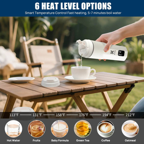 Person pouring water from Travel Kettle 316 Stainless Steel Portable Water Boiler 450ml With 6 Temperature Settings Auto Shut Off Boil Dry Protection Compact Electric Kettle For Global Use 100 240V LCD Display Built For On The Go Travel Friendly into a cup on a wooden table outdoors.