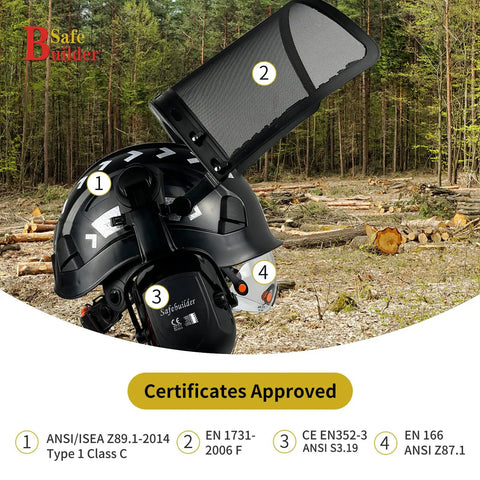 Forestry Safety Helmet With Built In Visor Mesh Face Shield And Ear Muffs 4 In 1 Chainsaw Safety Hard Hat for wood cutting shown in forest.