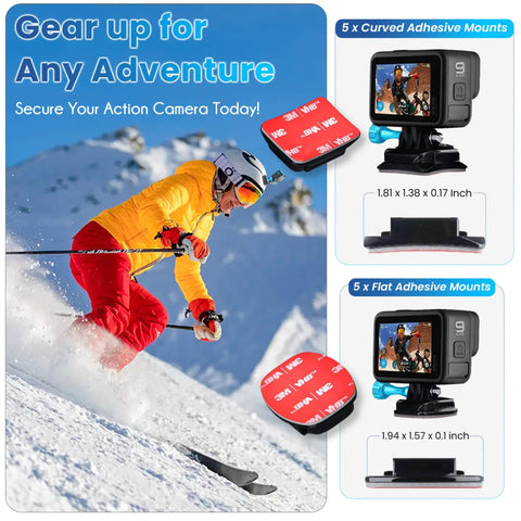 Adhesive Mount Kit For GoPro And Action Cameras 10 Pack Flat And Curved Mount Pads Waterproof Heavy Duty