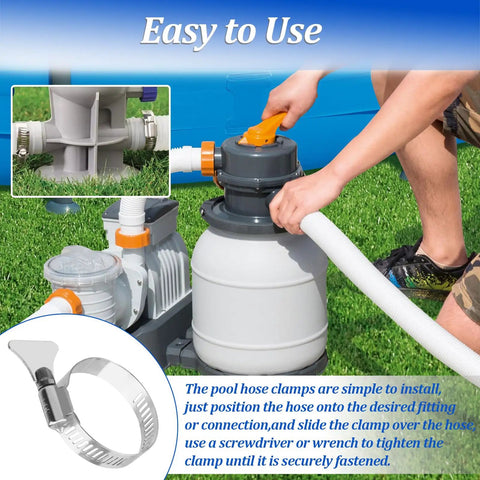 Person installing Heavy Duty Pool Hose Clamps Set For Above Ground Pools One And A Quarter Inch Stainless Steel Connector Clips 4 Pack