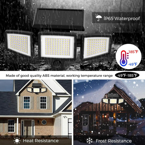 Outdoor Solar Flood Lights Three-Head Security Spot Lamps With 210 LEDs, 2500 Lumens, IP65 Waterproof under varying weather conditions
