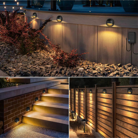 All-In-One Low Voltage Deck Lighting Kit With 60W Transformer illuminating a fence, steps, and garden with warm white light