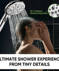 Person using 9 Function Shower Head With Built In Power Spray And Water Saving 1.8 GPM On Off Toggle 1 Click Pause High Pressure