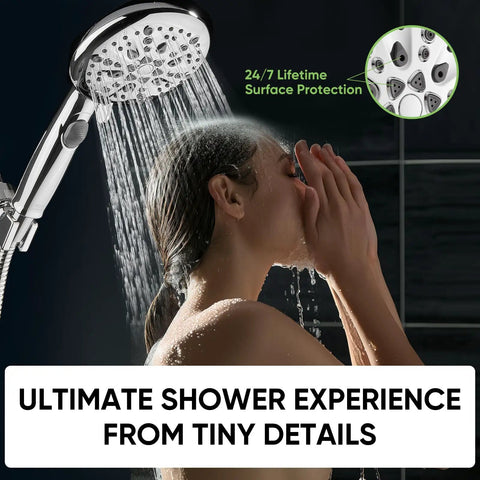 Person using 9 Function Shower Head With Built In Power Spray And Water Saving 1.8 GPM On Off Toggle 1 Click Pause High Pressure