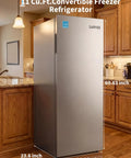 Knock Out 11 Cubic Foot Upright Freezer That Flips Into A Fridge in a kitchen setting with clear dimensions.