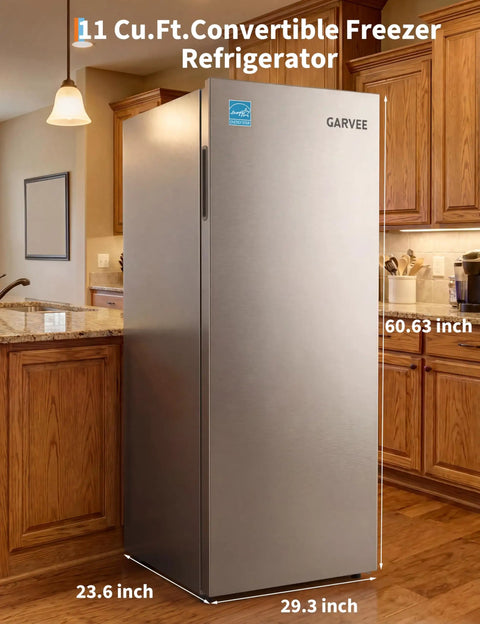 Knock Out 11 Cubic Foot Upright Freezer That Flips Into A Fridge in a kitchen setting with clear dimensions.