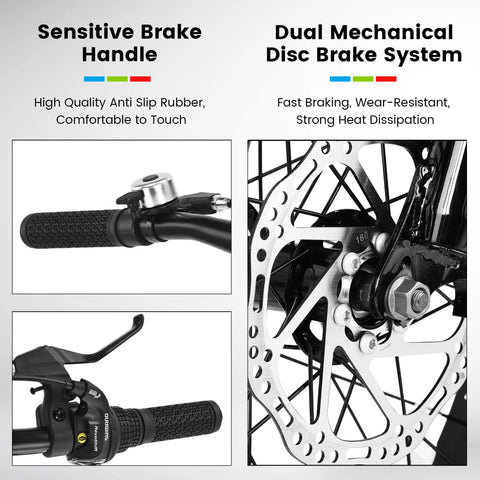 Fat Tire Kids Mountain Bike With 20X4 Inch Fat Tires Dual Disc Brakes Front Suspension detail of brake handle and disc system