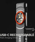 Close-up of Slim Mini Rechargeable Pocket Light for EDC and Emergencies showing USB-C port and charging cable attached.