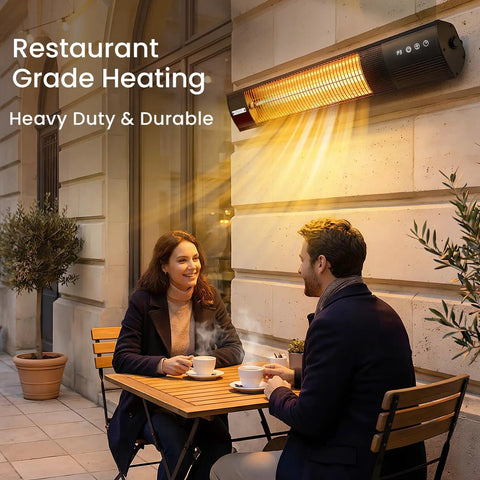 Electric Patio Heater With Remote Control 1500W Outdoor Infrared Wall Mounted heating patio with couple seated outside
