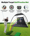 Backyard Golf Practice Net 10 By 7 Feet With Hitting Mat Targets And Balls For Indoor And Outdoor Swing Training Home Driving Range Setup Simple And A Sweet Gift For Dad Husband Or Any Golf Junkie in use on grass with golfer
