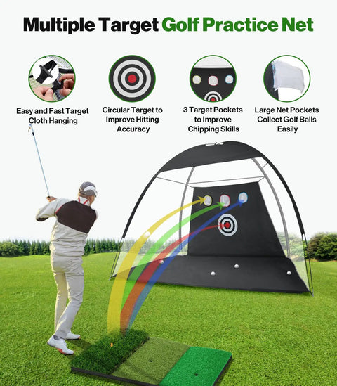 Backyard Golf Practice Net 10 By 7 Feet With Hitting Mat Targets And Balls For Indoor And Outdoor Swing Training Home Driving Range Setup Simple And A Sweet Gift For Dad Husband Or Any Golf Junkie in use on grass with golfer