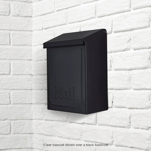 Hella Durable All Surface Clear Topcoat Spray Delivers Rock Solid Rust Prevention And Fade Proof Defense For Wood Metal Plastic Vinyl And Fiberglass Dead Flat Finish on a black mailbox.
