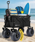 Beach Wagon With 12 Inch Balloon Wheels And Upgraded PU Tires, Collapsible 500Lb Capacity Sand Cart loaded with beach gear on sand