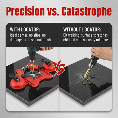 Image showing Coated Tile Hole Saw Kit With Dual Suction Cup Guide, comparing precise drilling with and without locator on tile surface