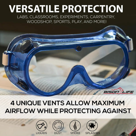 Badass Kids Safety Goggles With Ultra Clear Anti Fog Lenses And Impact Resistant Frame For Science Lab And Woodworking Crafts Comes In A Sweet 144 Bulk Case Pack, blue lens with airflow vents.