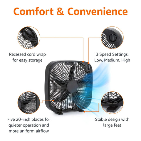 Three Speed Box Fan For Bedroom With Carry Handle Portable Black 20 Inch With Powerful Airflow And Lightweight Design 67 Watts