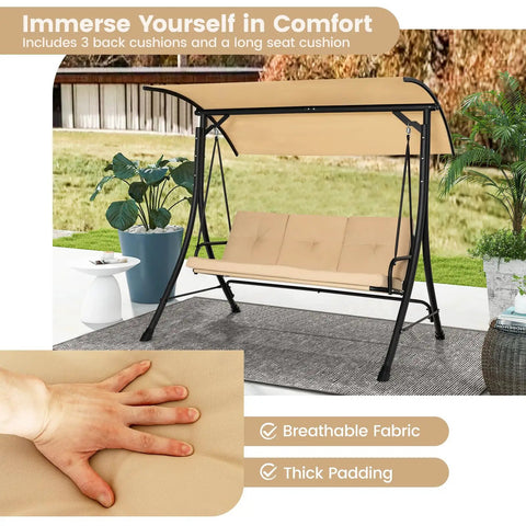 3-Seat Outdoor Porch Swing With Adjustable Canopy And Weatherproof Cover, Thick Cushions And Padded Armrests On A Sturdy Metal Frame