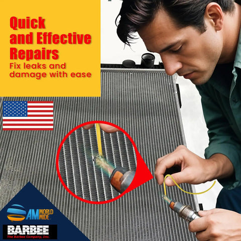 Person using Stic-Tite Aluminum Radiator Repair Tool For Leaks And Damage, Durable Heat Resistant Epoxy Solder Kit on radiator