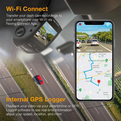 4K Ultra HD GPS Dash Cam With 2.4 Inch LCD displayed with smartphone app showing map and road data for WiFi and GPS connectivity.