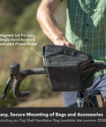 Cyclist demonstrating a magnetic lid handlebar bag on Top Shelf Aluminum Drop Bar With 50mm Rise And 44cm Width For Road Bikes