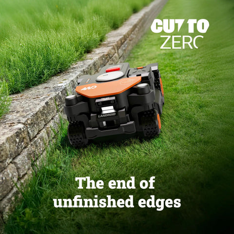 Landroid Vision Cloud 4WD Robot Lawn Mower No Perimeter Wire For One Acre With AI Obstacle Avoidance trimming edge of stone wall.