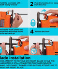 Step-by-step instructions for blade installation on a versatile 4.5 Amp corded electric jigsaw.