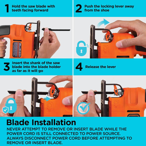 Step-by-step instructions for blade installation on a versatile 4.5 Amp corded electric jigsaw.
